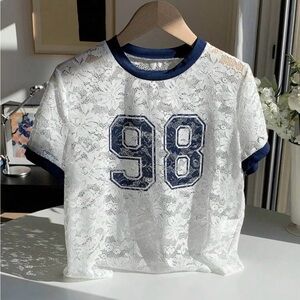 White Lace T-Shirt with Blue Trim and Number 98